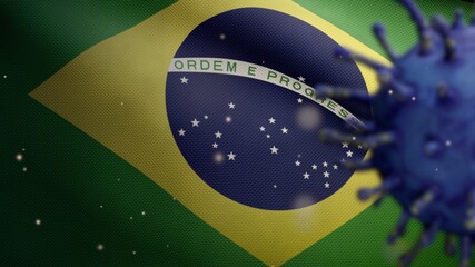 3D illustration coronavirus over Brazilian flag. Pandemic Covid 19 in Brazil