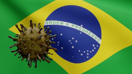 3D illustration Brazilian flag waving with Coronavirus outbreak. Covid 19 virus