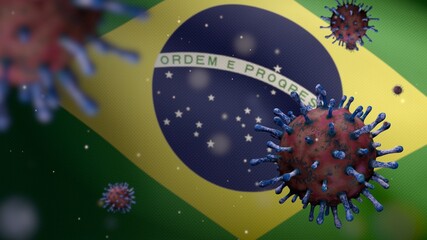 3D illustration coronavirus over Brazilian flag. Pandemic Covid 19 in Brazil