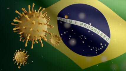 3D illustration coronavirus over Brazilian flag. Pandemic Covid 19 in Brazil