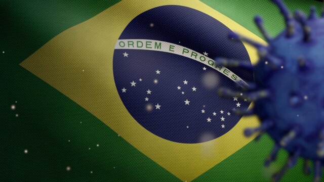 3D illustration coronavirus over Brazilian flag. Pandemic Covid 19 in Brazil