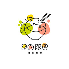 Poke Bowl Hawaiian Cuisine Artisanal Sign. Plate with Fish Healthy Food Restaurant Line Vector Illustration 