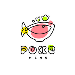 Poke Bowl Hawaiian Cuisine Artisanal Sign. Plate with Fish Healthy Food Restaurant Line Vector Illustration 