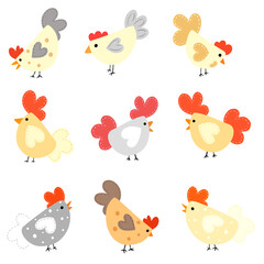 Cute Cartoon Hens, Chickens and Roosters In Vector Illustration