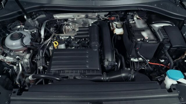 Modern Turbo Car Engine Or Motor Space Under Vehicle Hood Close Up.