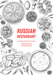 Russian cuisine top view frame. Food menu design elements. Traditional dishes. Russian food. Doodle collection. Vintage hand drawn sketch vector illustration. Menu background. Engraved style.