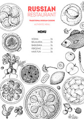 Russian cuisine top view frame. Food menu design elements. Traditional dishes. Russian food. Doodle collection. Vintage hand drawn sketch vector illustration. Menu background. Engraved style. © DiViArts