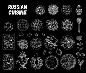 Russian cuisine top view. Food menu design elements. Traditional dishes. Russian food. Doodle collection. Vintage hand drawn sketch vector illustration. Menu background. Engraved style.