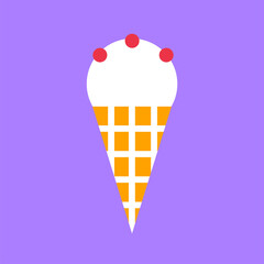 Vector icon with delicious ice cream in a waffle tube. Red berry. Isolated illustration in flat style.