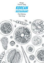 Korean food top view illustration. Hand drawn sketch. Bibimbap, kimchi, ramen, noodles, skewers. Korean street food, take away menu design. Vector illustration.