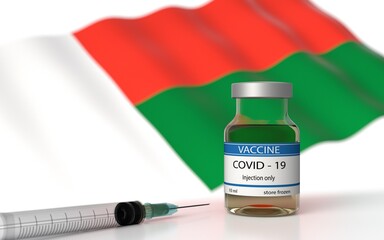 COVID 19 Vaccine approved and launched in Madagascar. Corona Virus SARS CoV 2, 2021 nCoV vaccine delivery. Madagascar flag on background and vaccine bottle. 3D illustration