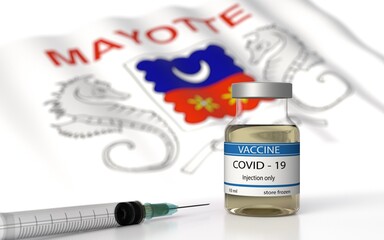 COVID 19 Vaccine approved and launched in Mayotte. Corona Virus SARS CoV 2, 2021 nCoV vaccine delivery. Mayotte flag on background and vaccine bottle. 3D illustration