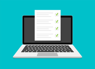 Online exam, checklist and online testing on laptop screen. Online surveys form on the computer screen. Flat design. Vector illustration.