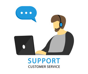 Support service operator with speech bubble. Hotline customer service. Call center employee with headset. Vector Illustration.