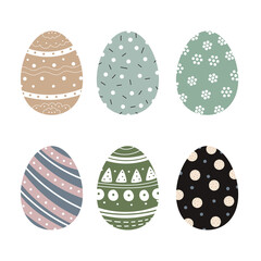 Set of cute decorated Easter eggs isolated on white background. Collection of symbols of religious holiday covered with different patterns - dots, flowers, stripes. Holiday vector flat illustration