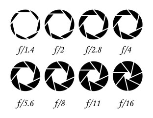 Camera lens diaphragm with aperture value numbers. Camera shutter aperture. Aperture icons set. Vector illustration.