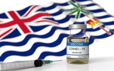 COVID 19 Vaccine approved and launched in British Indian. Corona Virus SARS CoV 2, 2021 nCoV vaccine delivery. British Indian Ocean Territory flag on background and vaccine bottle. 3D illustration