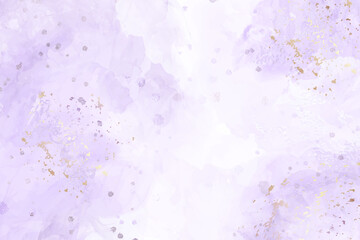 Abstract violet liquid watercolor background with golden stains. Pastel alcohol ink drawing effect. Modern fluid art painting with glitter. Vector illustration design template for wedding invitation