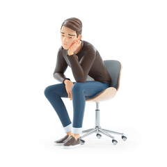 3d bored cartoon man sitting on chair