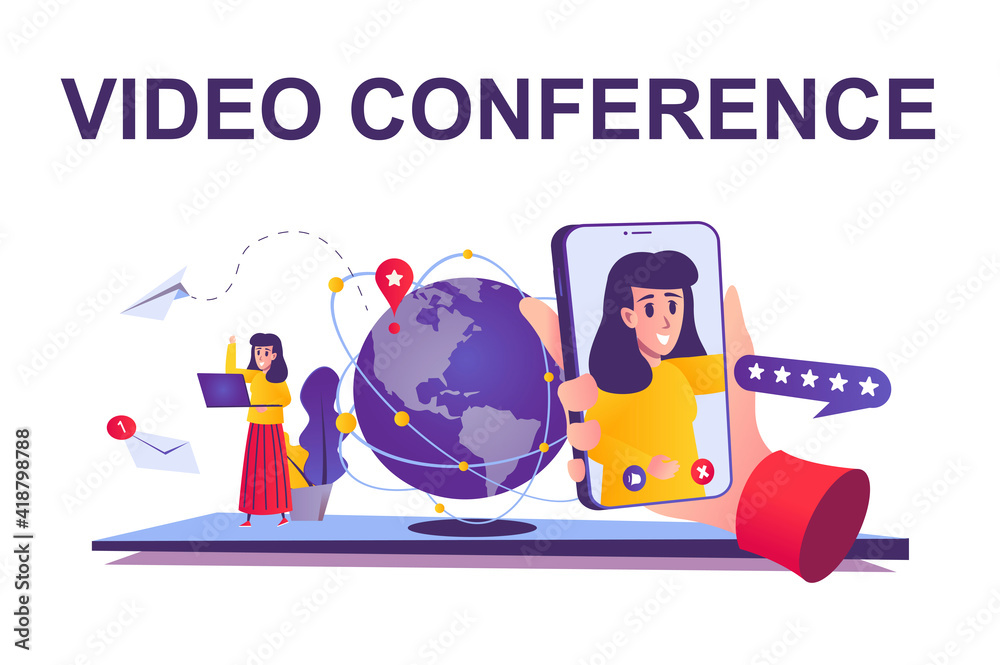 Poster Video conference web concept in flat style. People communicate online via video call from smartphone or laptop, modern technology scene. Vector illustration of cartoon characters for website design