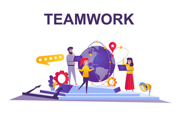 Teamwork web concept in flat style. People working together at projects, business partnership and coworking, team building at office scene. Vector illustration of cartoon characters for website design