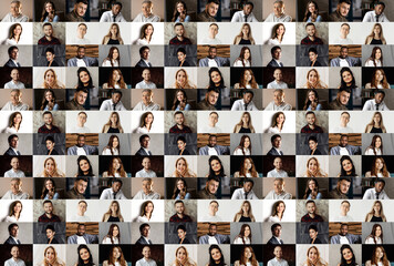 Collage of a lot of happy people.Headshots collection, collage mosaic. Many lot of multicultural different male and female smiling faces looking at camera. Many smiling faces © shunevich