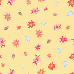 Pink flowers and blue waterdrops seamless vector pattern on yellow. Surface print design for fabrics, stationery, scrapbook paper, gift wrap, backgrounds, textiles, and packaging.