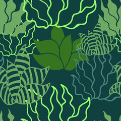 Fototapeta na wymiar seamless background with tropical plants on a dark field