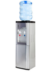 complete photo of silver electric purified water dispenser with hot and cold water with refrigerator included on a white background