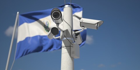 Naklejka na ściany i meble Waving flag of El Salvador and the security cameras. 3d rendering