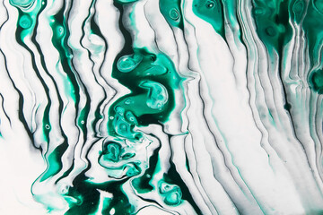 Jade and white abstract fluid lines. Acrylic painting on canvas. Colorful background.