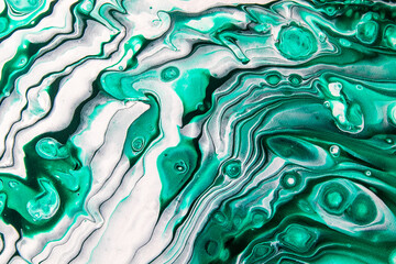 Jade and white abstract fluid lines. Acrylic painting on canvas. Colorful background.