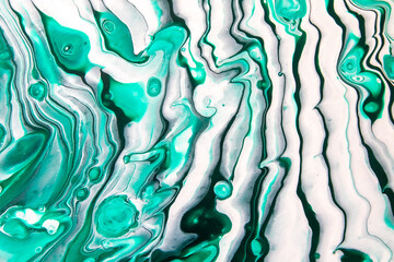Jade and white abstract fluid lines. Acrylic painting on canvas. Colorful background.