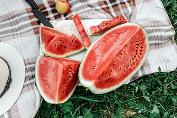 Sliced ​​watermelon in summer picnic composition