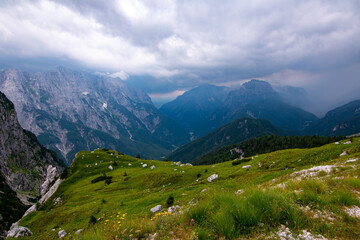 Fototapeta na wymiar Julian Alpes panoramatic view from dangerous road to Mangart mountain, Slovenia