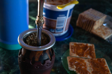 Mate and galletitas (biscuits) with dulce de leche | traditional  Argentinean breakfast