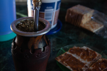 Mate and galletitas (biscuits) with dulce de leche | traditional  Argentinean breakfast