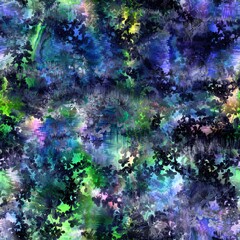 Obraz na płótnie Canvas Seamless abstract color blobs with tropical foliage overlay. High quality illustration. Painterly dye-like blue purple and green bleed watery background color with beautiful pattern overlay.
