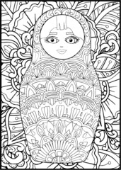 black and white russian matreshka doll coloring page, postcard, illustration