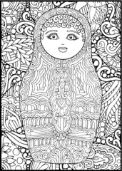 black and white russian matreshka doll coloring page, postcard, illustration