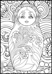 black and white russian matreshka doll coloring page, postcard, illustration