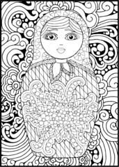 black and white russian matreshka doll coloring page, postcard, illustration