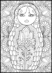 Fototapeta na wymiar black and white russian matreshka doll coloring page, postcard, illustration