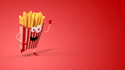 French fries character running on red background