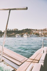 Yacht sailing in the Sea of Marmara with seacoast view (Istanbul, Turkey)
