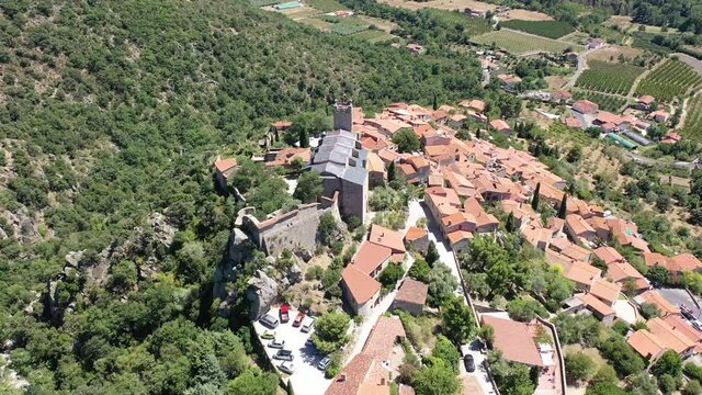 Panoramic view from above on the city Eus. Small town located on high mountain. Eastern Pyrenees. France. High quality 4k footage