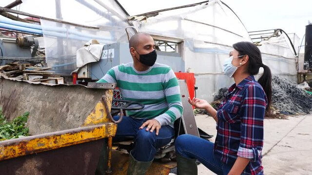 Two latin american male and female workers in protective face masks working on forklift loader at farm and talking. High quality 4k footage