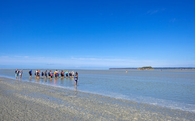 Group of hikers walking in the bay at low tide on Mont Saint-Michel, Normandy, France.