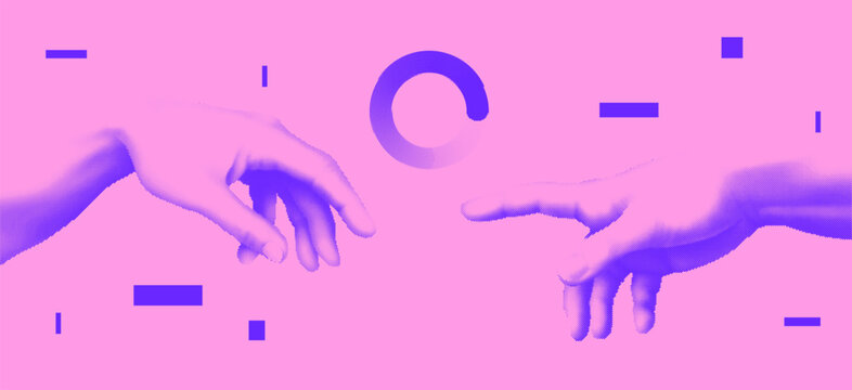 Creation of Adam. Contemporary art collage. Vaporwave style poster concept.