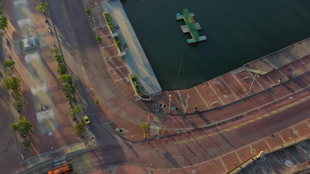 Transcaribe and Torre del Reloj in Cartagena de Indias, Colombia - Sunrise Drone footage